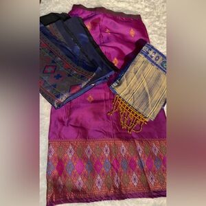 Vibrant Purple & Blue Woven Saree with Gold Accent FULL set outfit with bag